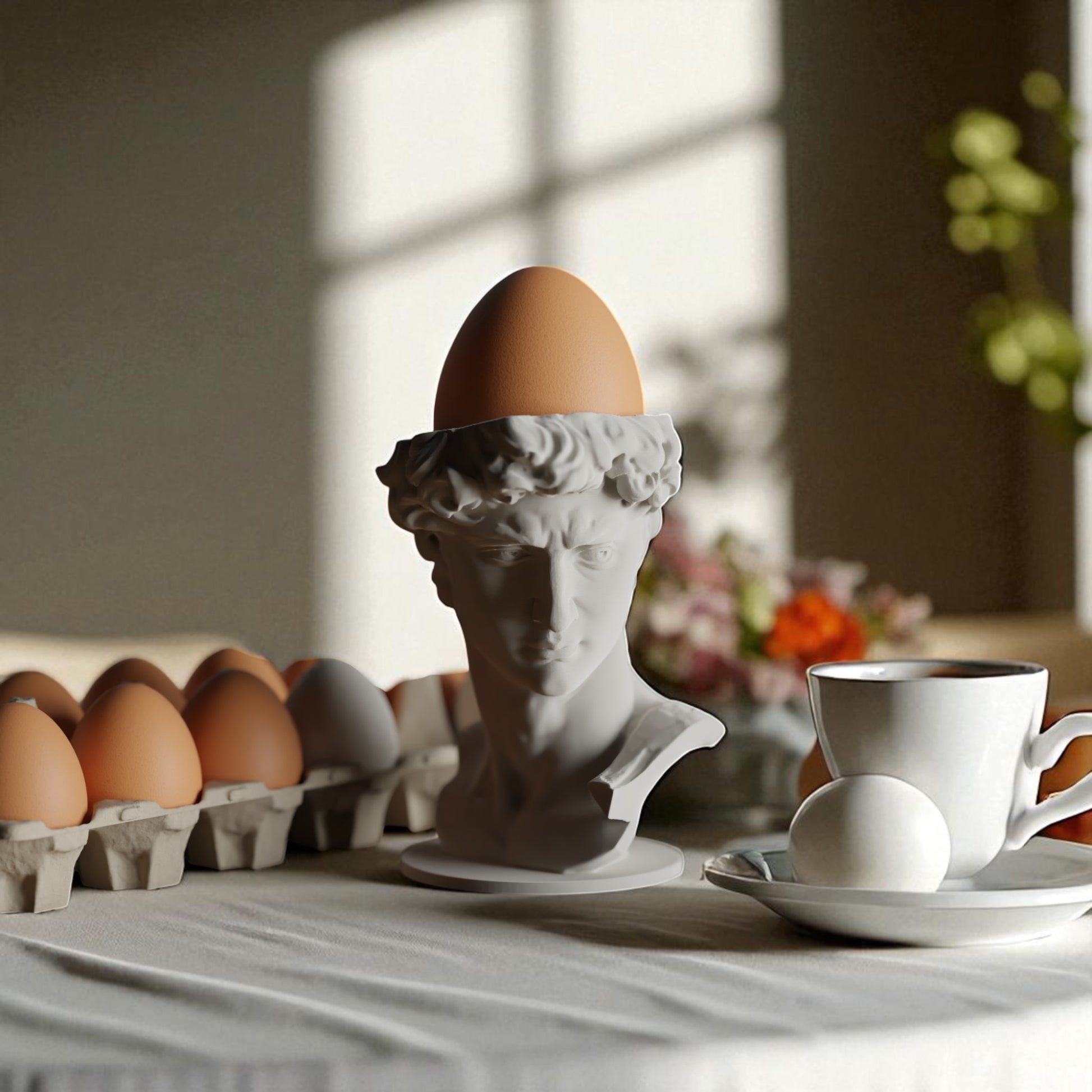 3D printed male bust egg cup in classical sculpture style, featuring a hollowed head holding a boiled egg. Unique breakfast decor piece in white PLA, perfect for Easter table settings or artistic kitchen gifts.