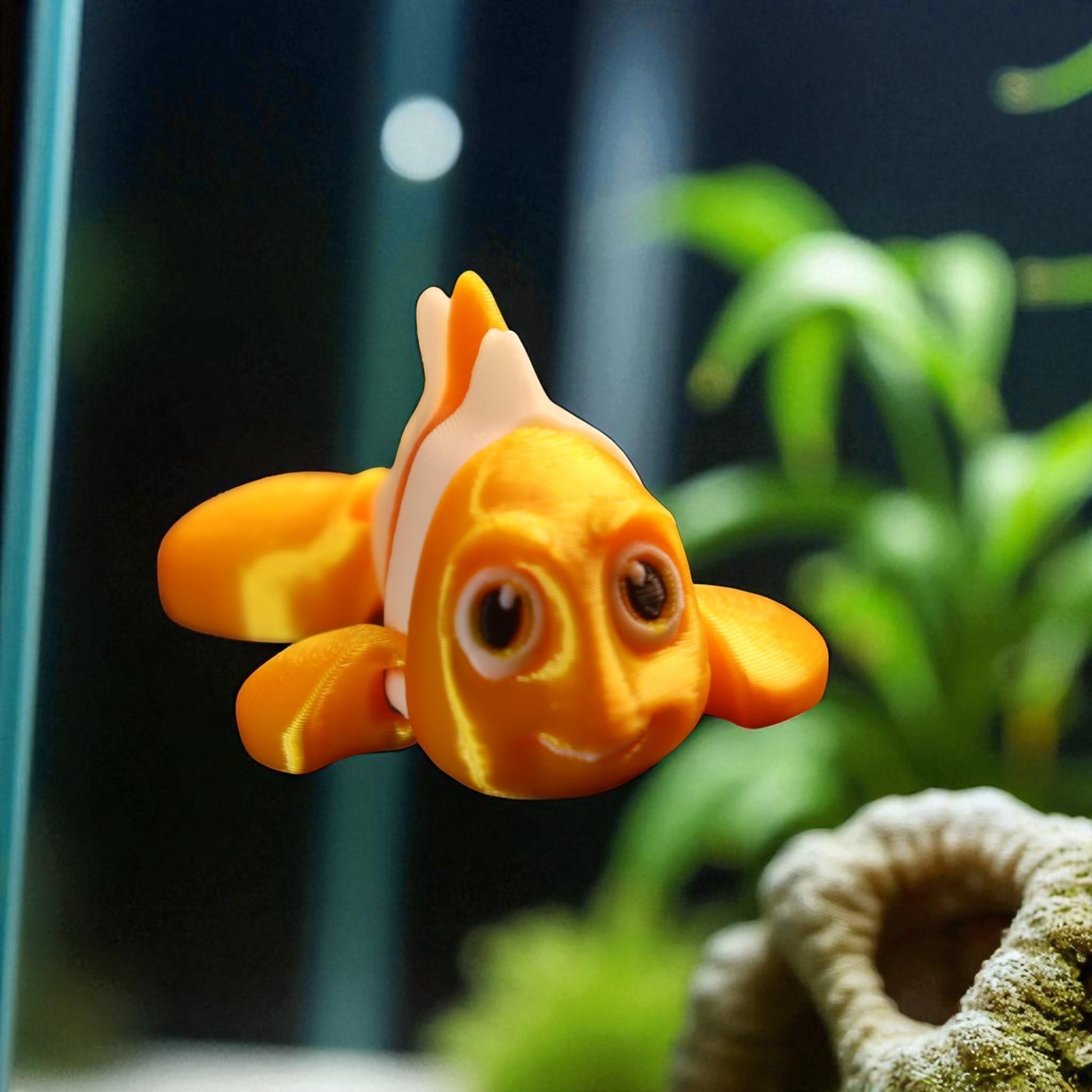3D printed articulated clown fish toy in vibrant two-tone colors, featuring a cute face and flexible, lifelike movement, perfect as a keychain or playful ocean-themed gift.