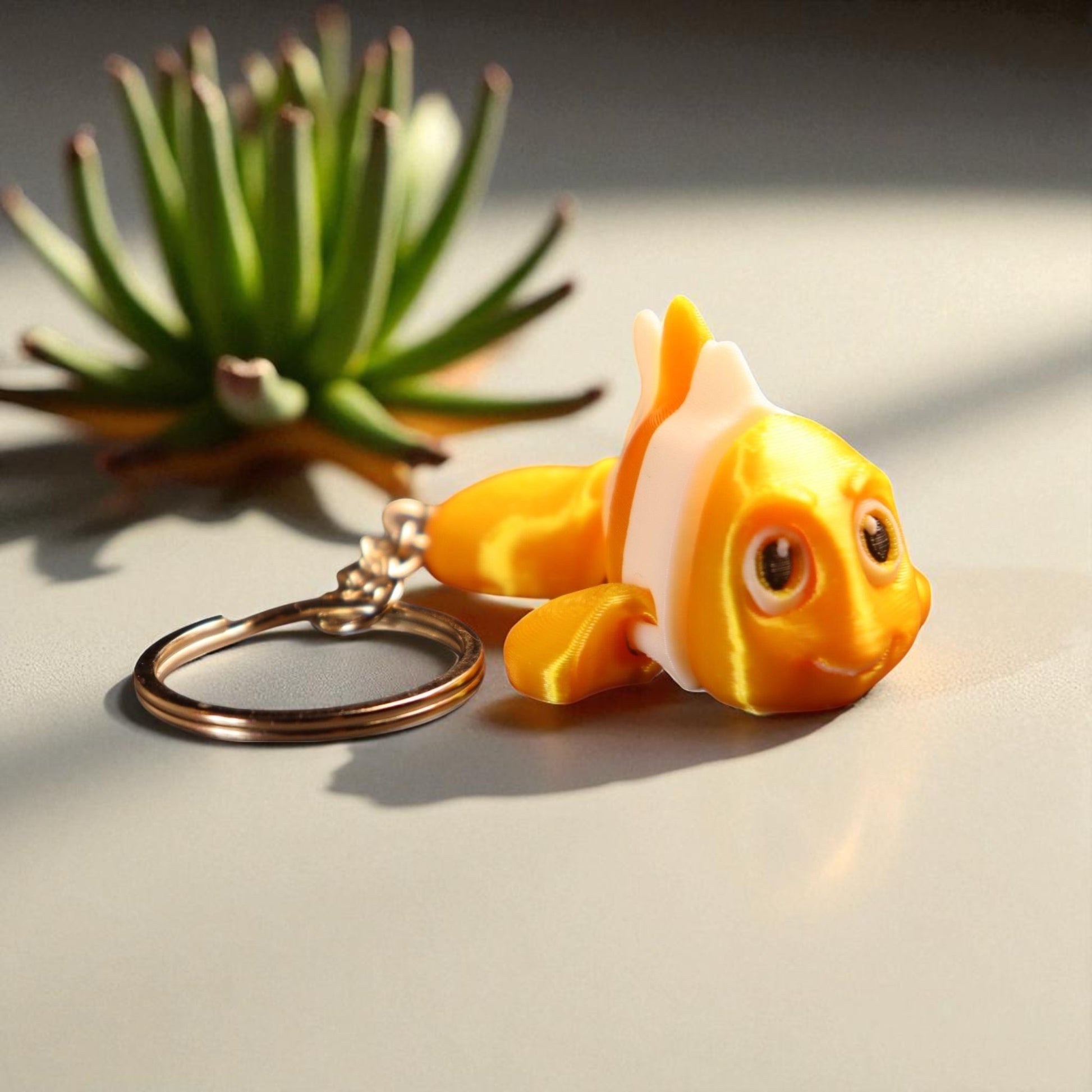 3D printed articulated clown fish toy in vibrant two-tone colors, featuring a cute face and flexible, lifelike movement, perfect as a keychain or playful ocean-themed gift.