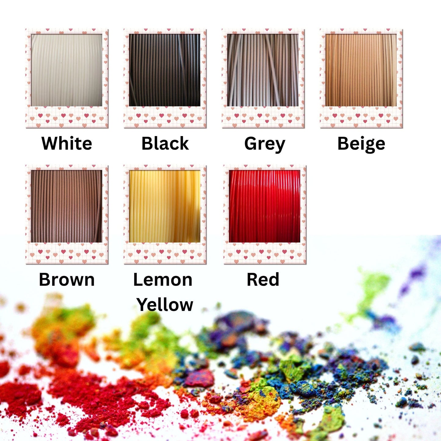 color swatches of white, black, grey, beige, brown, lemon, and red with corresponding powder samples below.