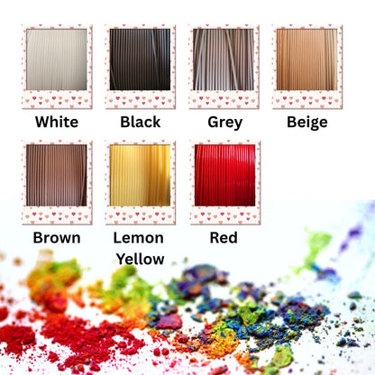 Color swatches of white, black, grey, beige, brown, lemon, and red with corresponding powder samples below.