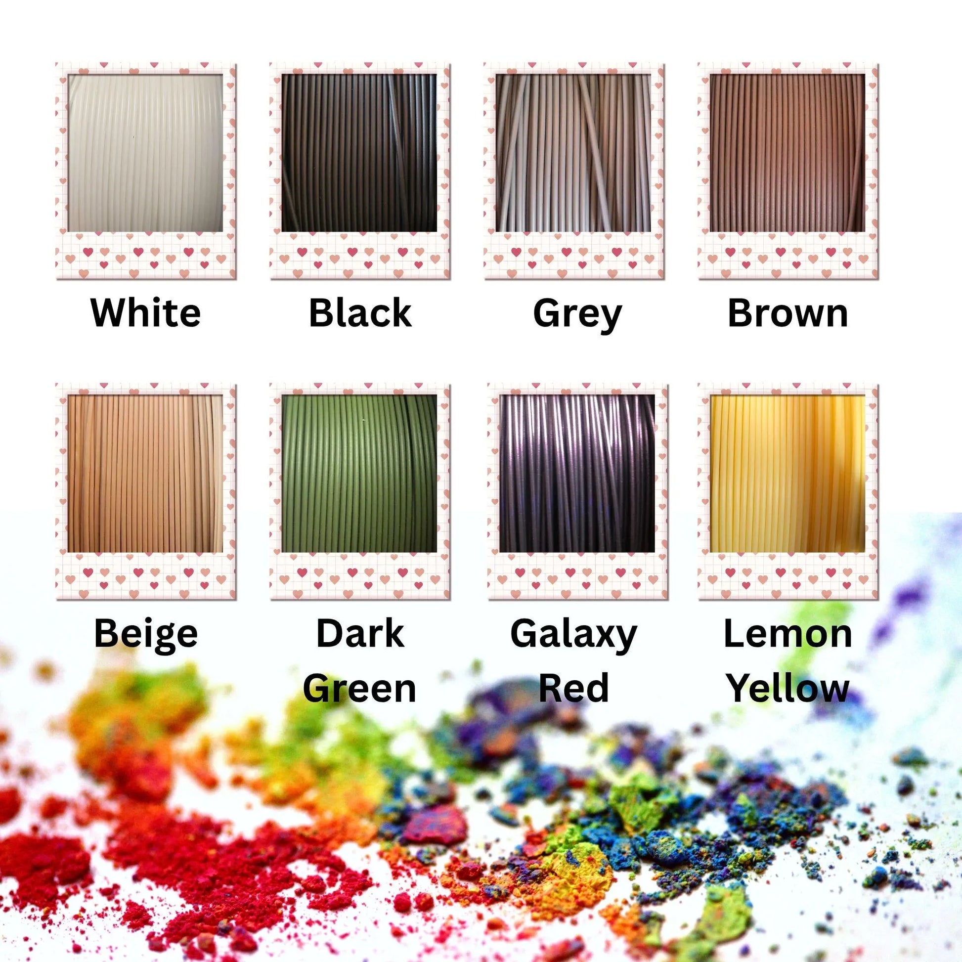 Color swatches with labels for white, black, grey, brown, beige, dark green, galaxy red, and lemon yellow, with a colorful powder sample at the bottom.