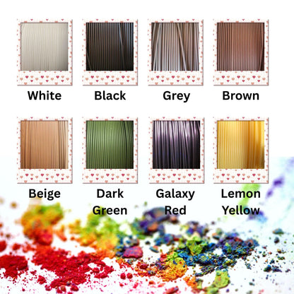 Color swatches with labels for white, black, grey, brown, beige, dark green, galaxy red, and lemon yellow, with a colorful powder sample at the bottom.