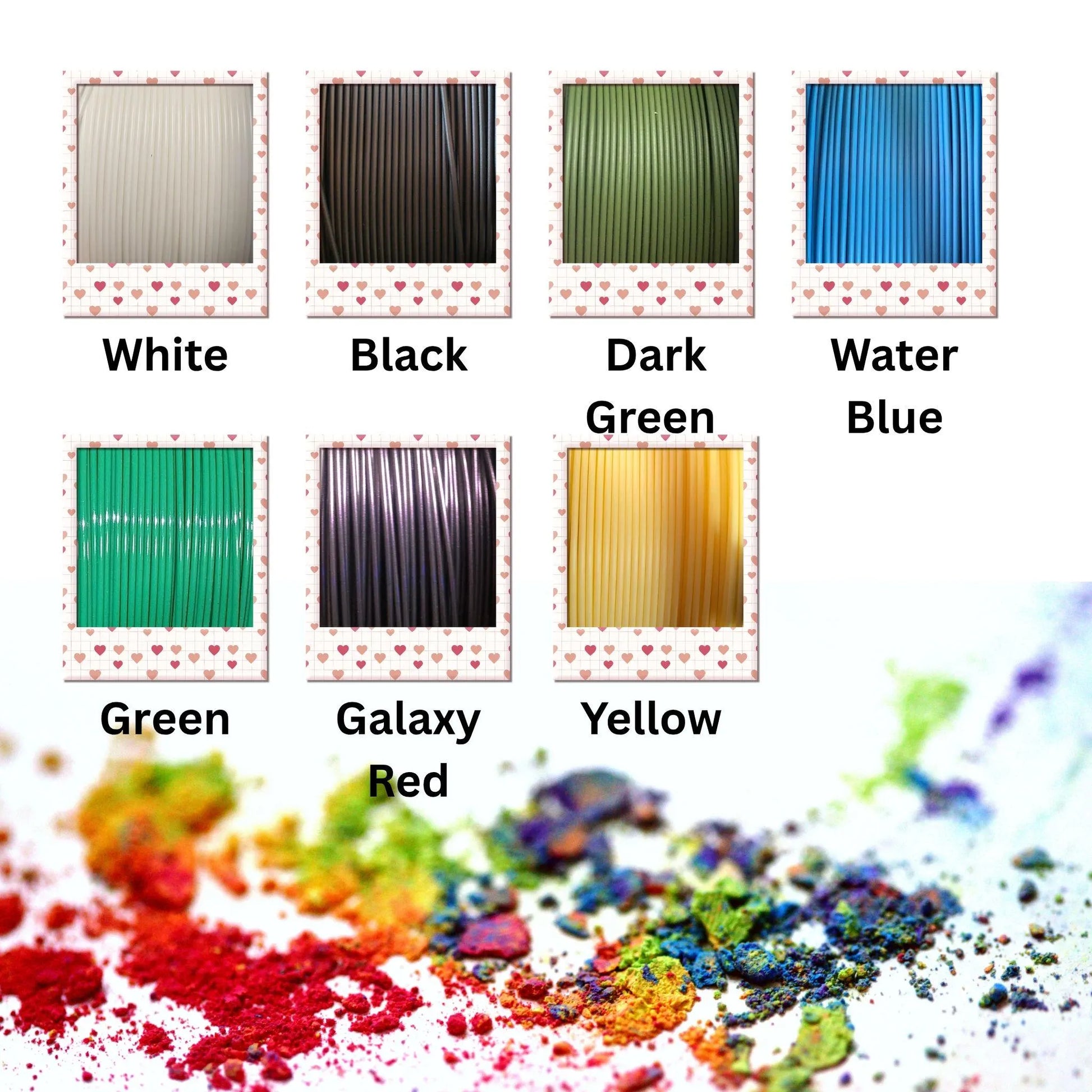 Assortment of colorful materials with labels on a white background