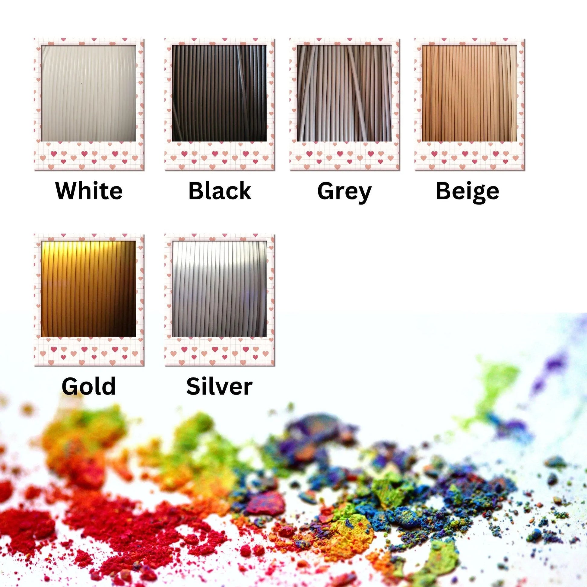 Color swatches for white, black, grey, beige, gold, and silver with a colorful powder sample below.