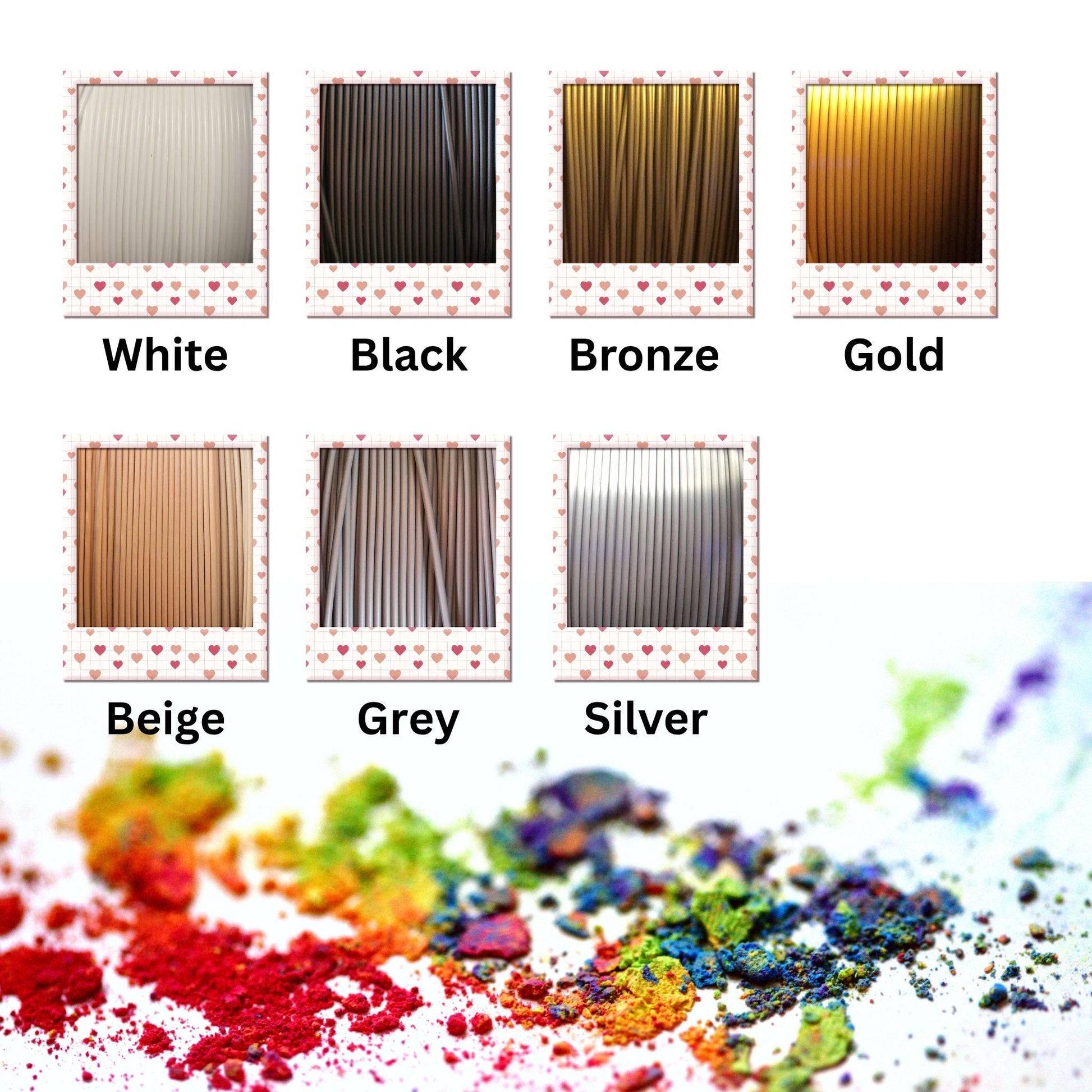 Color swatches for white, black, bronze, gold, beige, grey, and silver with a colorful powder sample at the bottom.