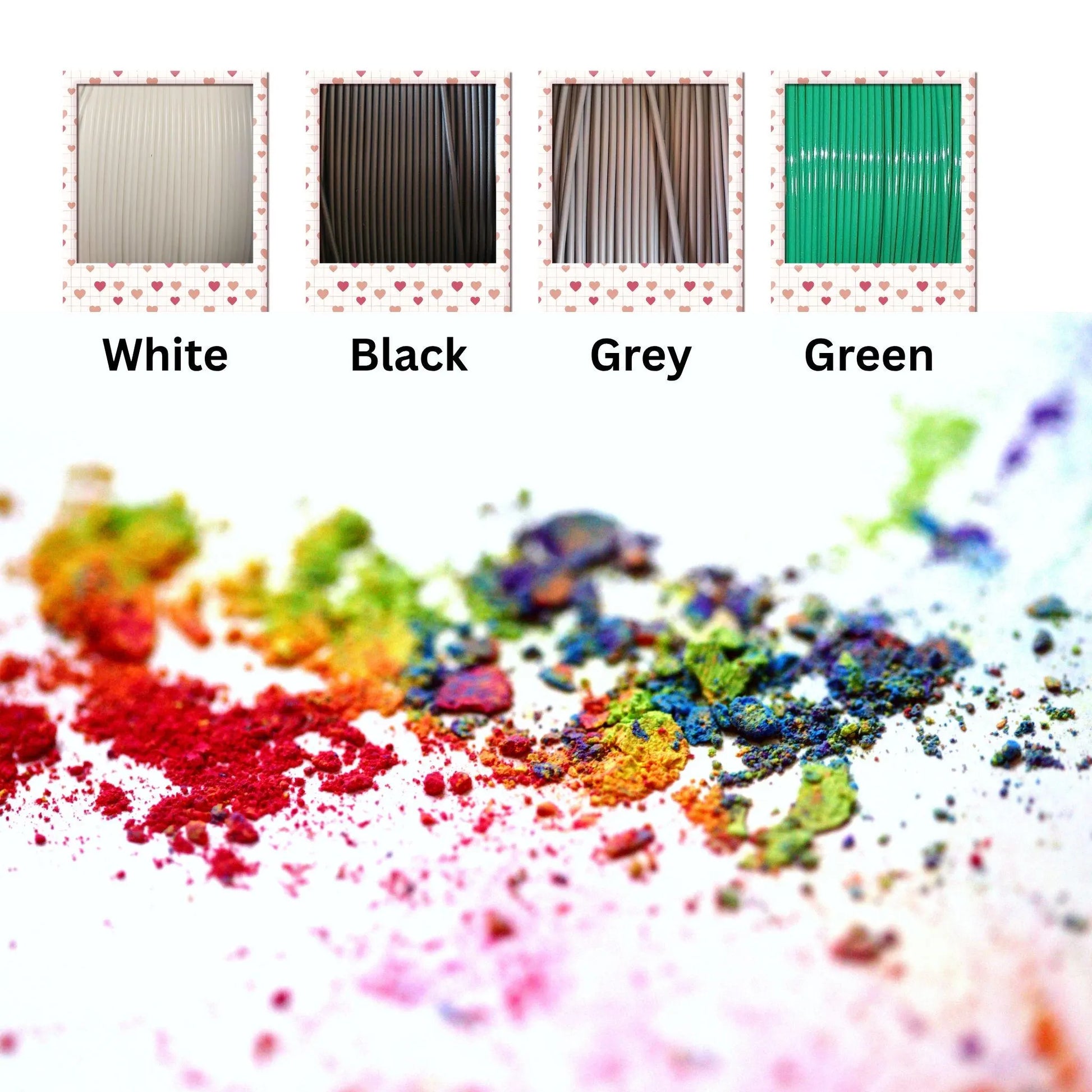 Color swatches labeled White, Black, Grey, and Green above colorful powder on a white background.