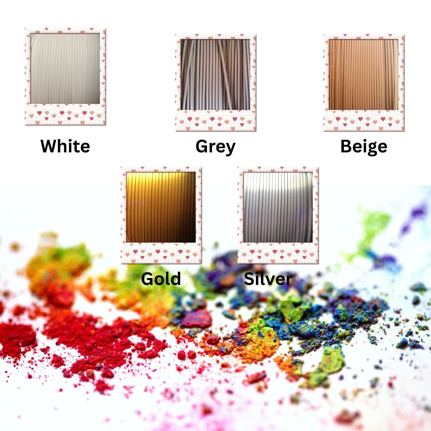 color swatches labeled white, grey, beige, gold, and silver with a colorful powder background.