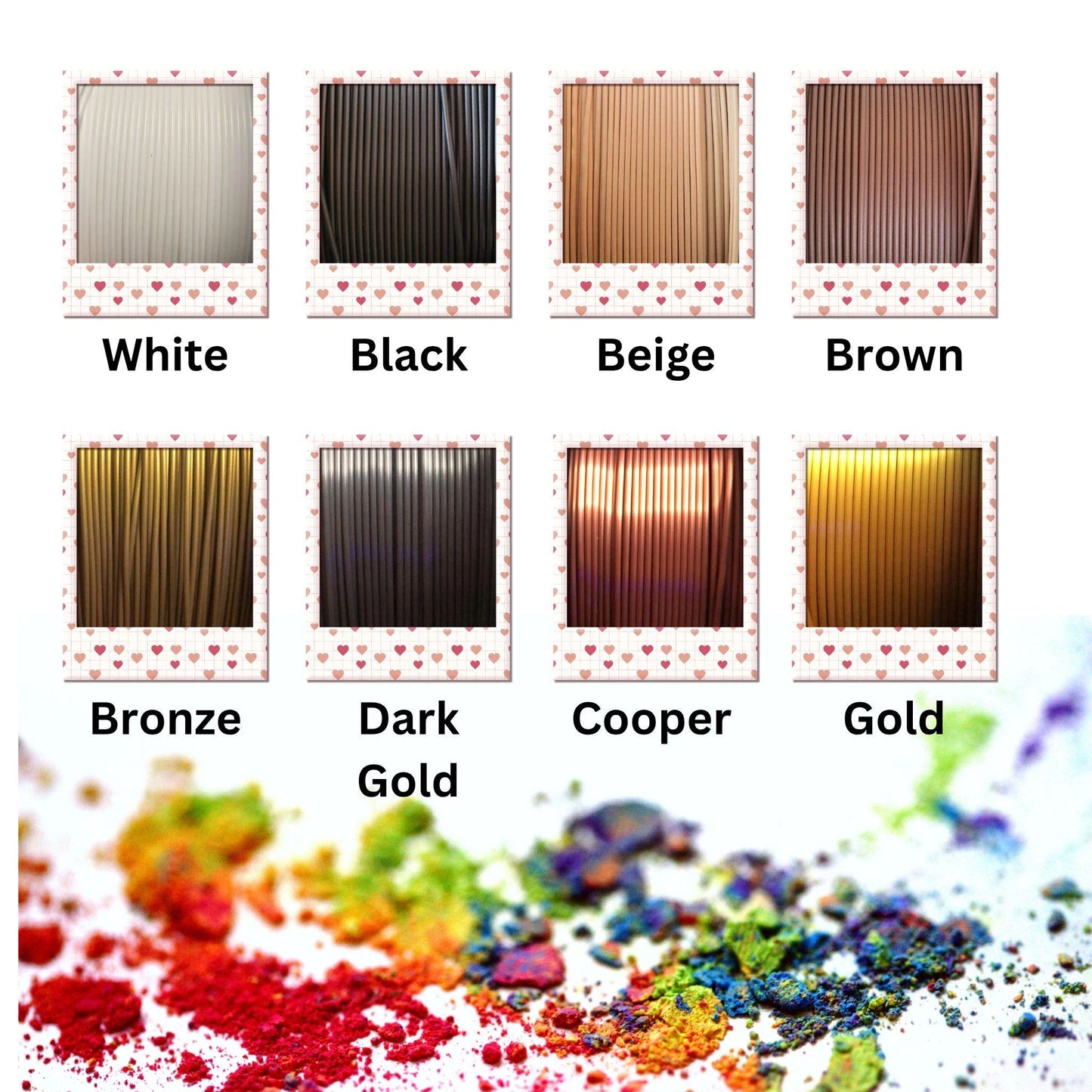 color swatches of white, black, beige, brown, bronze, dark gold, cooper, and gold with a colorful powder background.