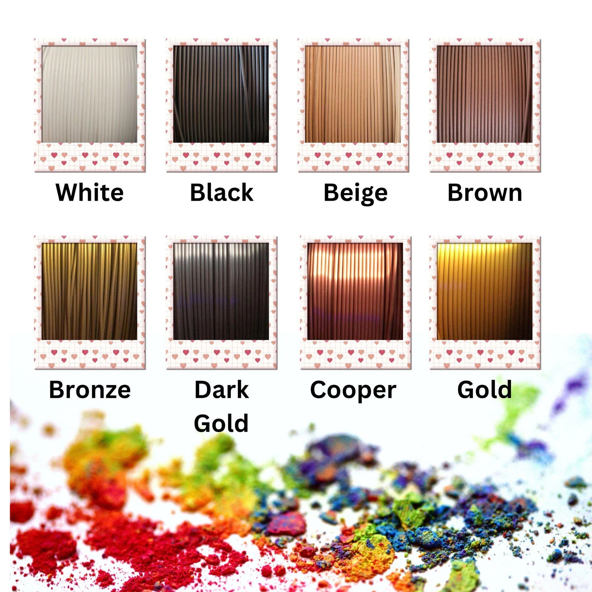 Color swatches of white, black, beige, brown, bronze, dark gold, cooper, and gold with a colorful powder background.