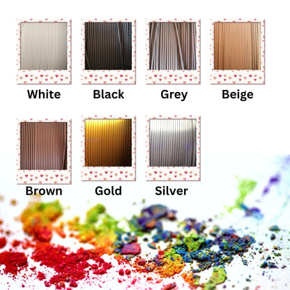 Color swatches for white, black, grey, beige, brown, gold, and silver with a colorful powder sample at the bottom.
