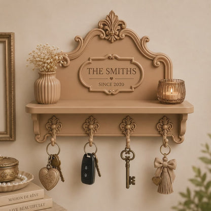 Personalised caramel key holder for wall with four matching hooks, small entryway shelf and ornate vintage design, customised with family name and established date.