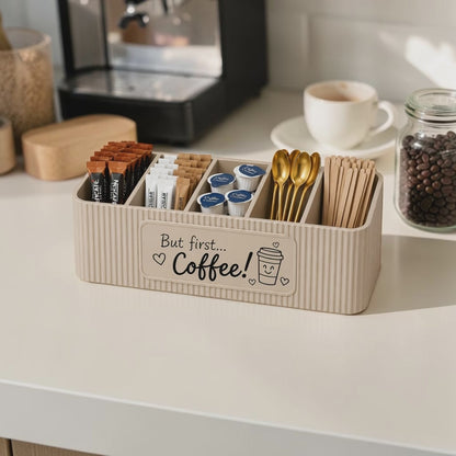Personalised five compartment coffee station organiser with ribbed finish and custom UV printed front message, designed for storing coffee sachets, tea bags, sugar packets, creamer, spoons and stirrers on a kitchen countertop. Available in white, caramel, grey, pink, dark Blue Water and Lavender Purple.