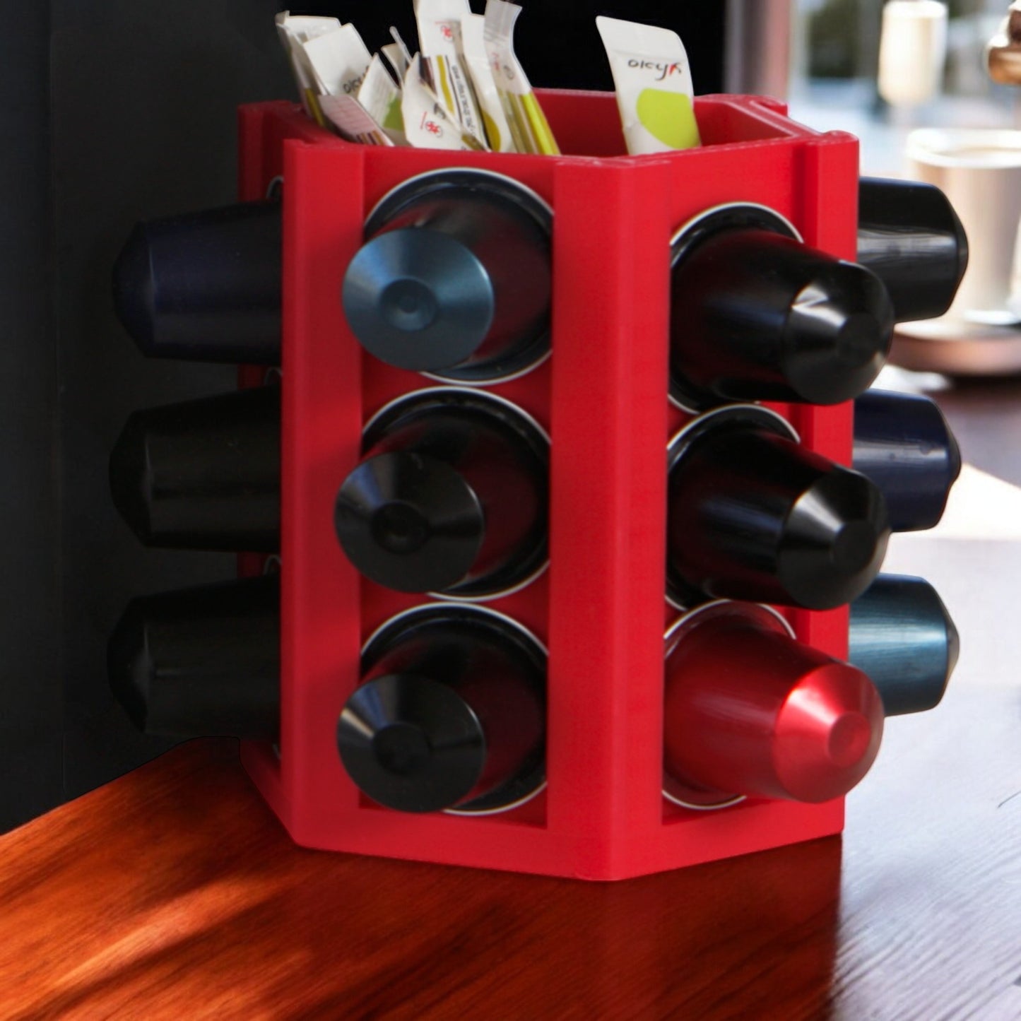 coffee capsule holder with a sleek design, holds up to 18 coffee capsules, featuring a central compartment for sugar bags or accessories, perfect for keeping your coffee station organized and tidy