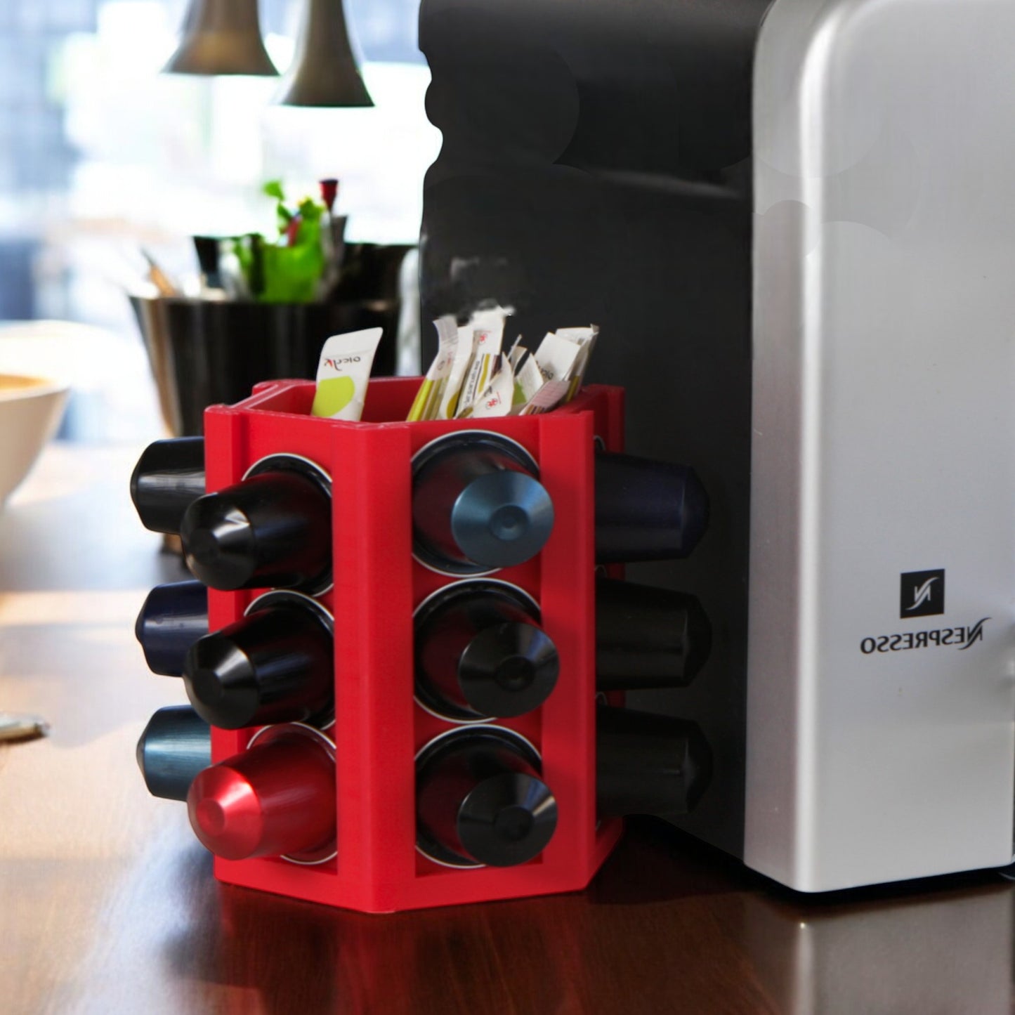 coffee capsule holder with a sleek design, holds up to 18 coffee capsules, featuring a central compartment for sugar bags or accessories, perfect for keeping your coffee station organized and tidy