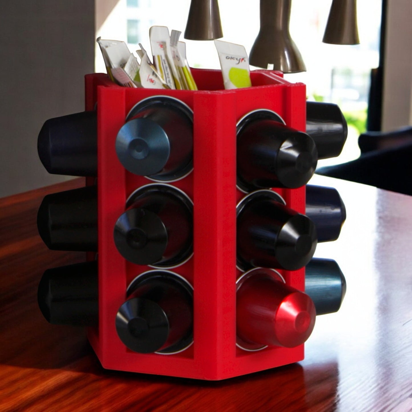 coffee capsule holder with a sleek design, holds up to 18 coffee capsules, featuring a central compartment for sugar bags or accessories, perfect for keeping your coffee station organized and tidy