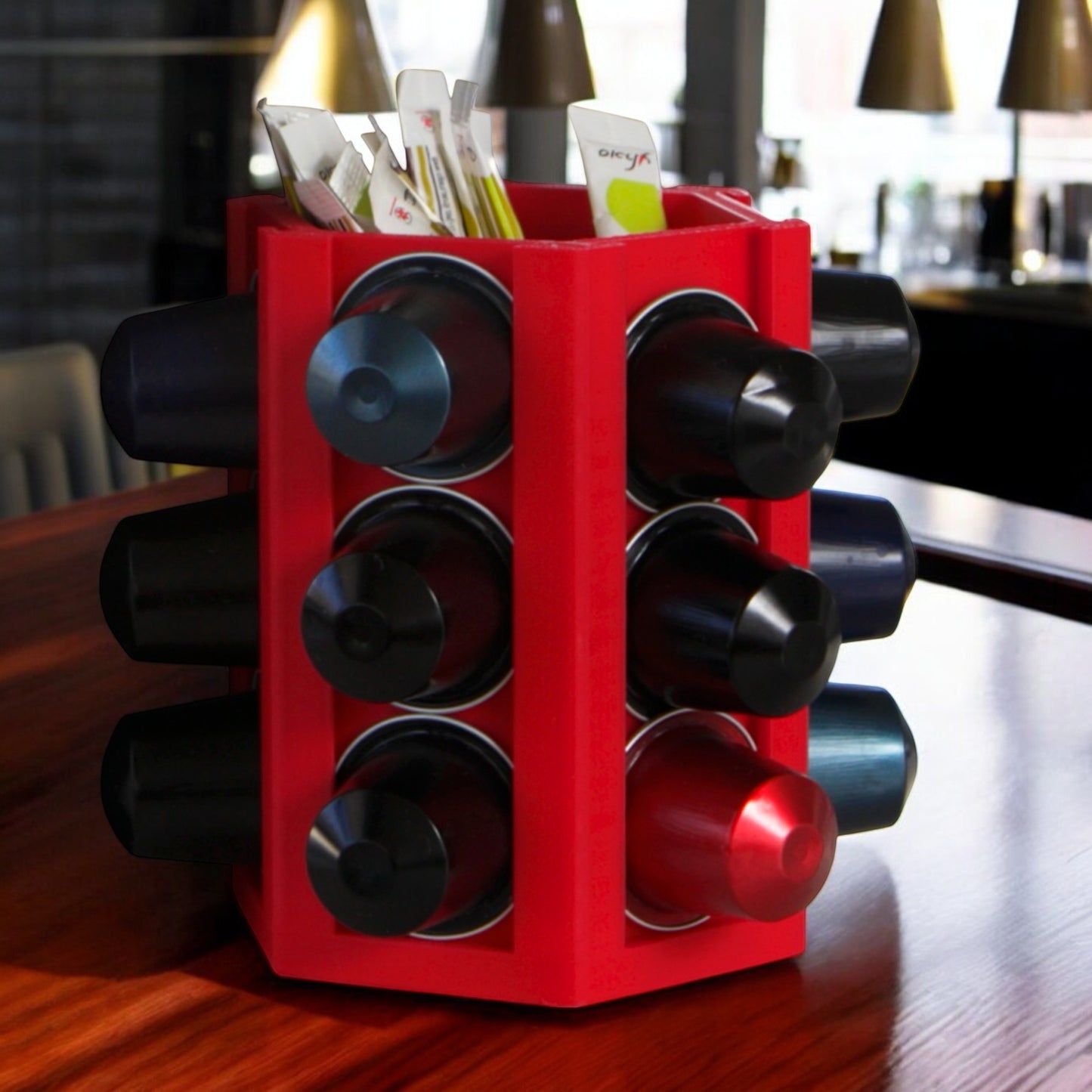 coffee capsule holder with a sleek design, holds up to 18 coffee capsules, featuring a central compartment for sugar bags or accessories, perfect for keeping your coffee station organized and tidy