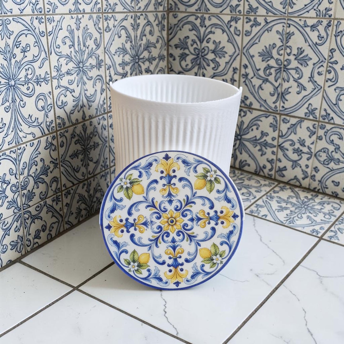 custom traditional motif bathroom bin, decorative tile inspired trash can, personalised vanity waste basket, cultural pattern bathroom