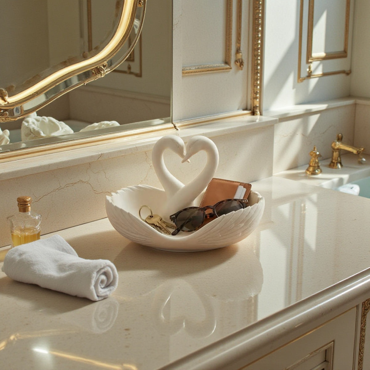 Elegant swan trinket tray holding keys and sunglasses on a wooden table
 Decorative swan jewelry dish used as an entryway catchall tray
 Sculptural swan bowl with matte finish for vanity or bedside decor
 Modern swan tray for holding rings, jewelry, and everyday essentials
Minimalist swan decor tray styled in a calm, neutral interior