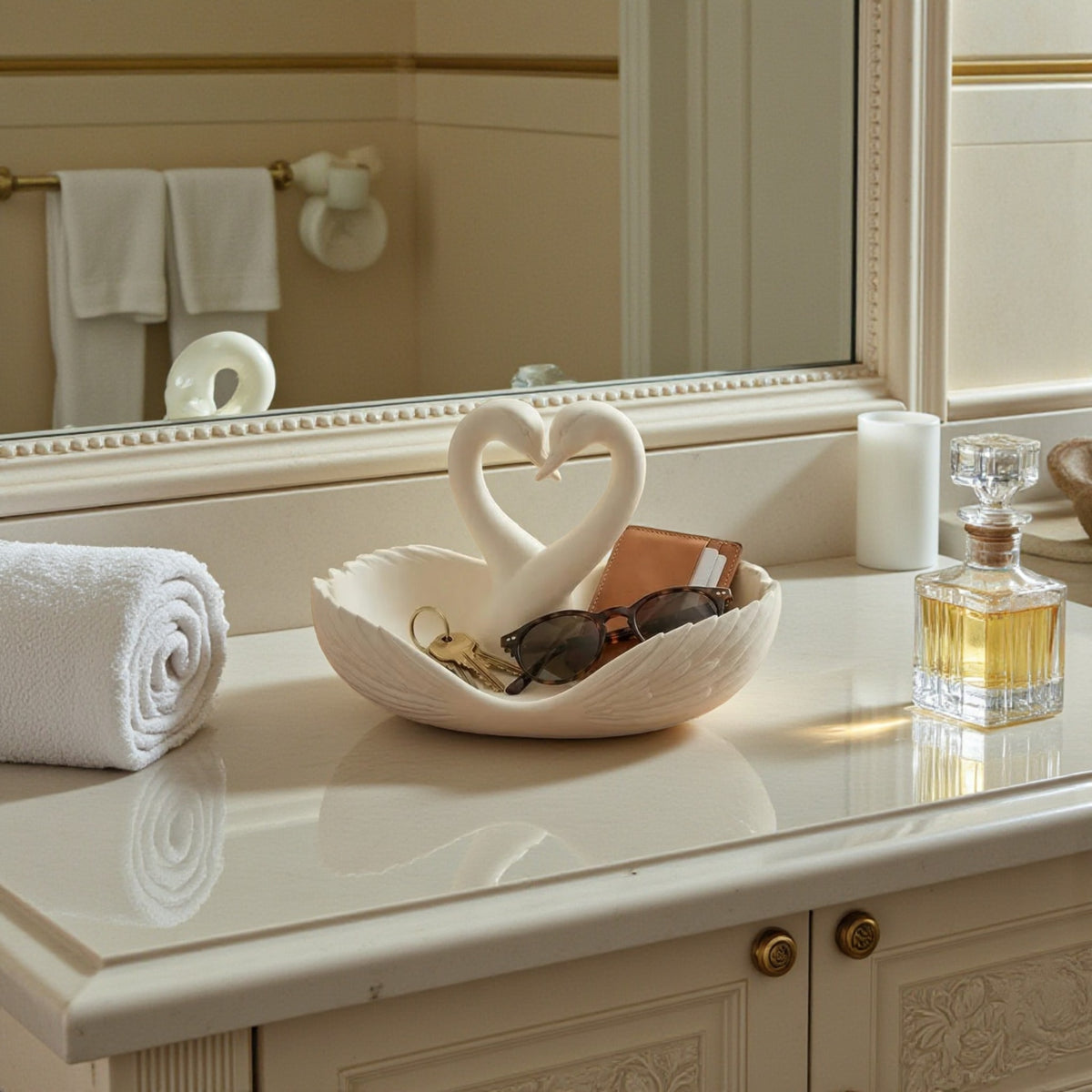Elegant swan trinket tray holding keys and sunglasses on a wooden table
 Decorative swan jewelry dish used as an entryway catchall tray
 Sculptural swan bowl with matte finish for vanity or bedside decor
 Modern swan tray for holding rings, jewelry, and everyday essentials
Minimalist swan decor tray styled in a calm, neutral interior