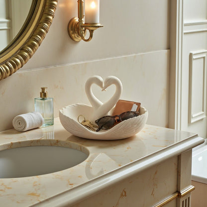 Elegant swan trinket tray holding keys and sunglasses on a wooden table
 Decorative swan jewelry dish used as an entryway catchall tray
 Sculptural swan bowl with matte finish for vanity or bedside decor
 Modern swan tray for holding rings, jewelry, and everyday essentials
Minimalist swan decor tray styled in a calm, neutral interior