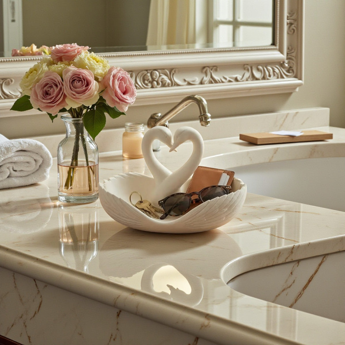 Elegant swan trinket tray holding keys and sunglasses on a wooden table
 Decorative swan jewelry dish used as an entryway catchall tray
 Sculptural swan bowl with matte finish for vanity or bedside decor
 Modern swan tray for holding rings, jewelry, and everyday essentials
Minimalist swan decor tray styled in a calm, neutral interior
