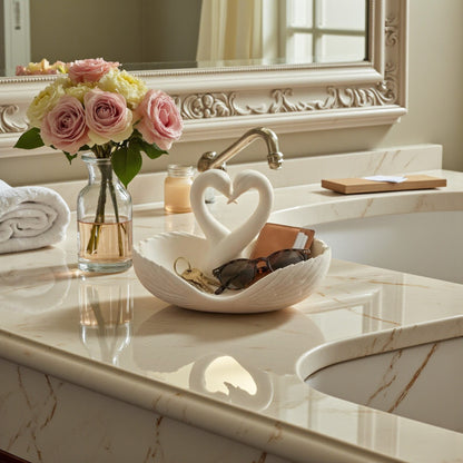 Elegant swan trinket tray holding keys and sunglasses on a wooden table
 Decorative swan jewelry dish used as an entryway catchall tray
 Sculptural swan bowl with matte finish for vanity or bedside decor
 Modern swan tray for holding rings, jewelry, and everyday essentials
Minimalist swan decor tray styled in a calm, neutral interior