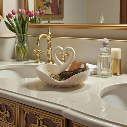 Elegant swan trinket tray holding keys and sunglasses on a wooden table
 Decorative swan jewelry dish used as an entryway catchall tray
 Sculptural swan bowl with matte finish for vanity or bedside decor
 Modern swan tray for holding rings, jewelry, and everyday essentials
Minimalist swan decor tray styled in a calm, neutral interior