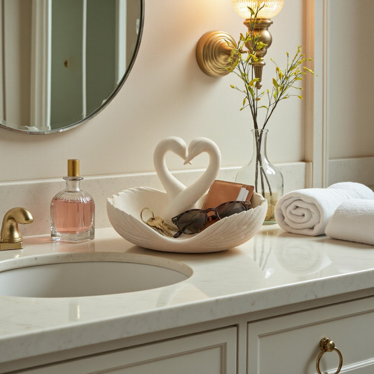 Elegant swan trinket tray holding keys and sunglasses on a wooden table
 Decorative swan jewelry dish used as an entryway catchall tray
 Sculptural swan bowl with matte finish for vanity or bedside decor
 Modern swan tray for holding rings, jewelry, and everyday essentials
Minimalist swan decor tray styled in a calm, neutral interior