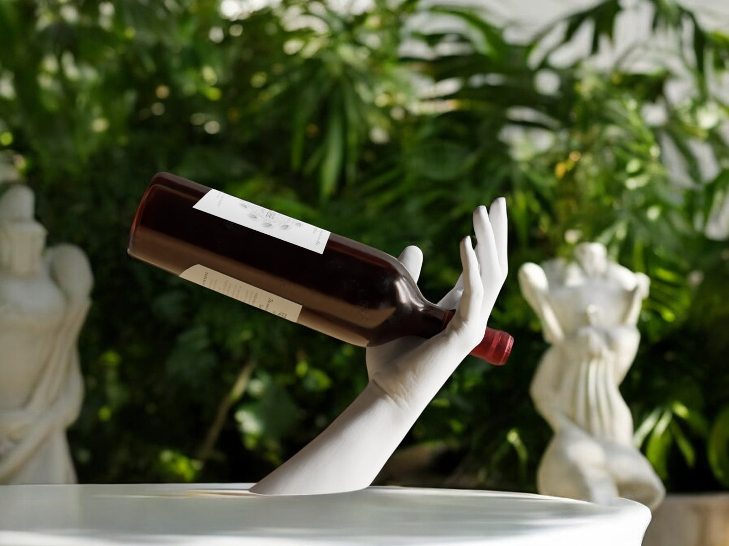 elegant hand-shaped wine holder with a unique arm design, perfect for stylishly displaying a wine bottle on countertops, dining tables, or home bars.